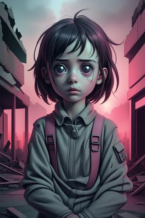 portrait of a alone in the middle of a destroyed post-apocalyptic city, staring straight ahead, staring blankly, photorealistic, 8k, hyper-detailed, sad, horror, cinematic light,