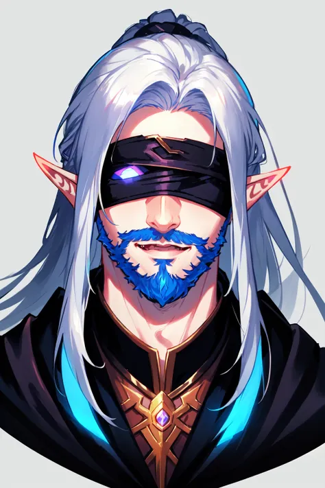 FallenAngels, solo, long hair, looking at viewer, blue eyes, 1boy, closed mouth, ponytail, white hair, male focus, pointy ears, grey background, glowing, glowing eyes, (World of Warcraft), demonic, blindfold, facial hair, elf, portrait, glowing eyes, beard, goatee, <lora:FallenAngels:0.5>