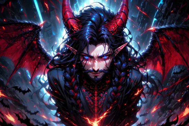 FallenAngels, solo, long hair, blue eyes, black hair, 1boy, closed mouth, braid, male focus, horns, pointy ears, colored skin, red skin, facial hair, scar, demon horns, beard, scar on face, mature male, scar across eye, demon, demon boy, broken horn, bat wings, demon wings, black feathered wings, glowing, lightning bolts, magic, specular highlights, 4 point perspective, vantage point, embers, extreme light and shadow, masterpiece, official art, ultrasharp, outdoors, <lora:FallenAngels:0.8>