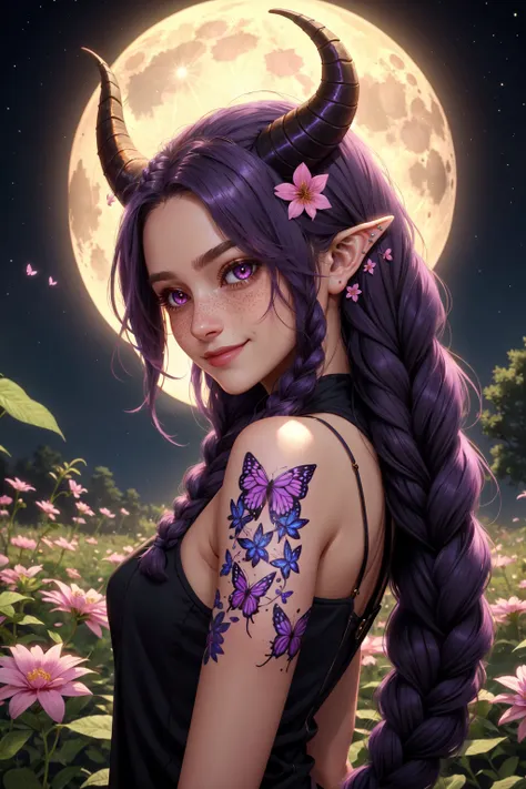 FallenAngels, 1girl, solo, long hair, looking at viewer, smile, hair ornament, purple eyes, upper body, purple hair, braid, flower, horns, pointy ears, artist name, hair flower, dark skin, pink eyes, twin braids, from side, dark-skinned female, lips, tattoo, leaf, bug, butterfly, pink flower, freckles, curled horns, fantasy painting, outdoors, night, moon, dusk, magic, side lighting, specular highlights, <lora:FallenAngels:0.5>