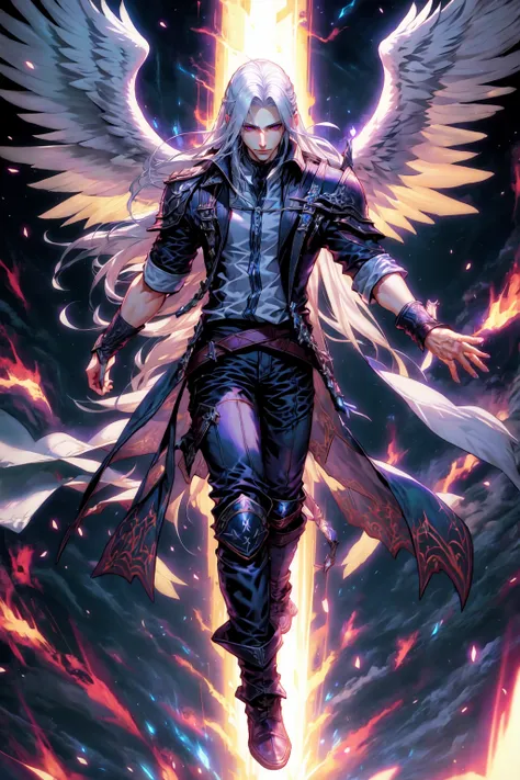 FallenAngels, 1boy, male focus, Sephiroth, long hair, white hair, single wing, (one winged angel), (Final fantasy 7), long jacket, cape, open clothes, leather pants, knee pads, pauldrons, full body, glowing, magic, specular highlights, 4 point perspective, vantage point, embers, extreme light and shadow, ultrasharp, outdoors, <lora:FallenAngels:0.8>