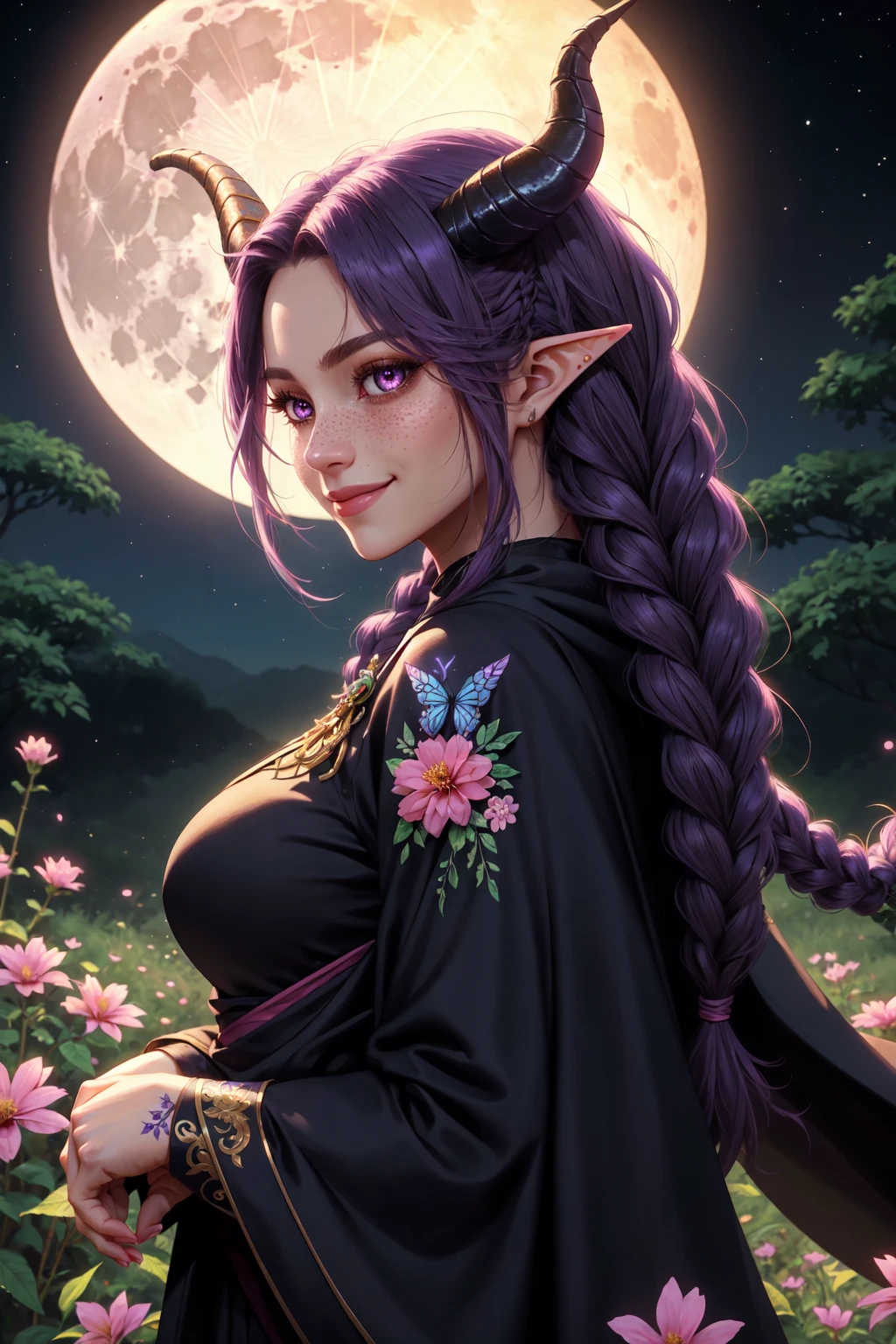 FallenAngels, 1girl, mature female, solo, long hair, looking at viewer, smile, hair ornament, purple eyes, upper body, purple hair, braid, flower, horns, pointy ears, long sleeves, large breasts, cape, cloak, hair flower, dark skin, pink eyes, twin braids, from side, dark-skinned female, lips, tattoo, leaf, bug, butterfly, pink flower, freckles, curled horns, fantasy painting, outdoors, night, moon, dusk, magic, side lighting, specular highlights, <lora:FallenAngels:0.5>