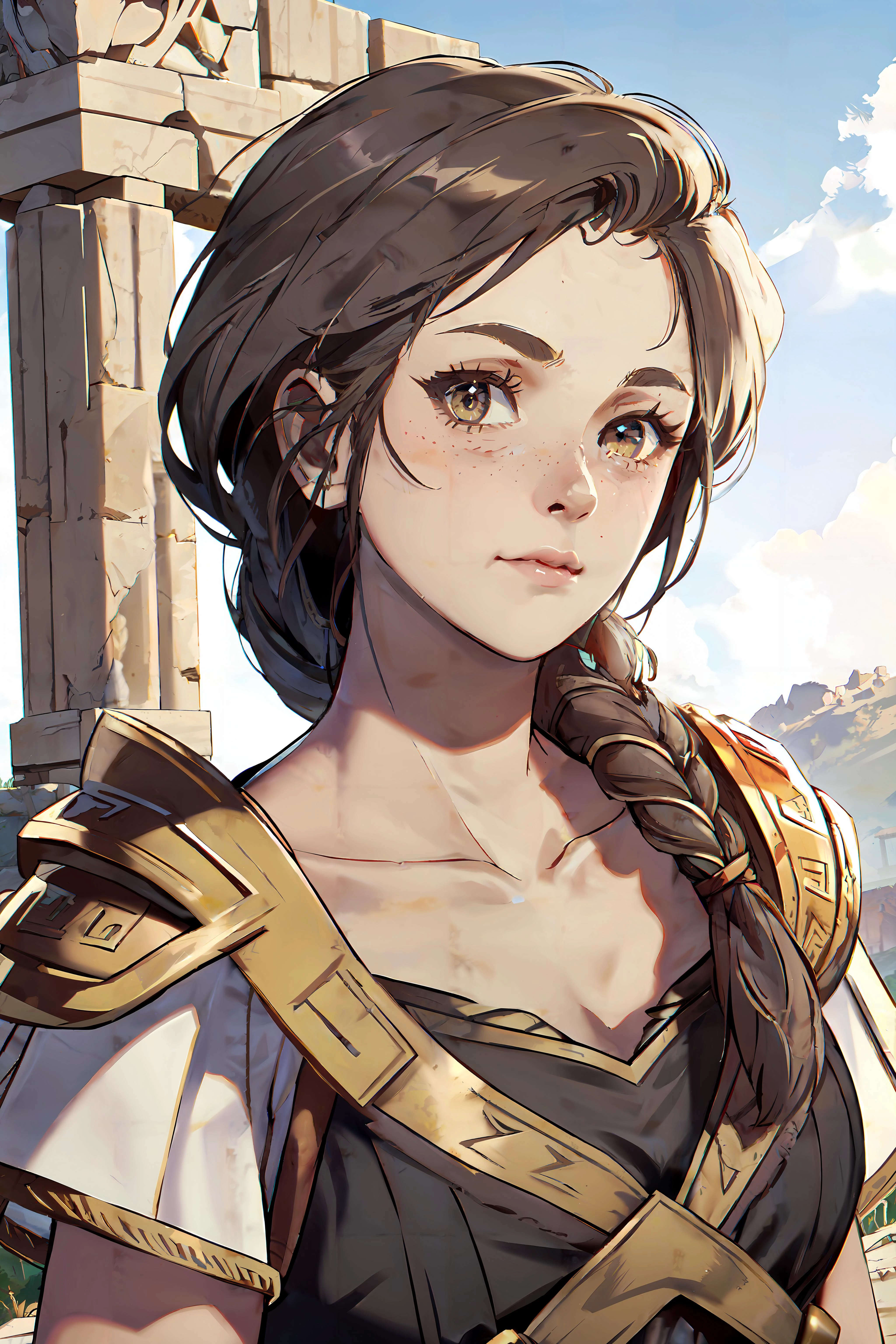 AssaKassandra, solo, 1girl, braid, spartan armor, closed mouth, (single braid:1.5), outdoors, hair over shoulder, looking at viewer, day, collarbone, freckles, (Ancient Greece:1.2), <lora:AssaKassandra:0.8>