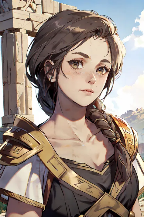 AssaKassandra, solo, 1girl, braid, spartan armor, closed mouth, (single braid:1.5), outdoors, hair over shoulder, looking at viewer, day, collarbone, freckles, (Ancient Greece:1.2), <lora:AssaKassandra:0.8>