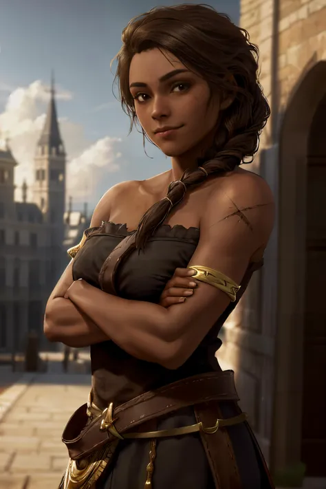 1girl, solo, (masterpiece, best quality), realistic, (atmospheric, volumetric light, depth of field, bokeh), <lora:1more_details:0.4>,
long hair, brown hair, bare shoulders, brown eyes, braid, dark skin, dark-skinned female, scar, hair over shoulder,
looking at viewer, crossed arms,
smile, closed mouth, looking to the side,
KassandraAssaOdy, <lora:KassandraAssaOdy:0.6>,
outdoors, sky, (day, middle of day), ancient city in background,