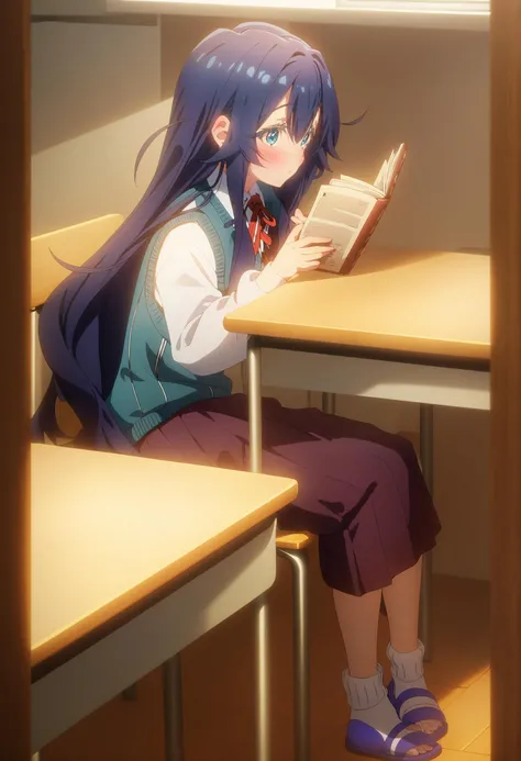 <lora:add_detail:0.3>,1girl,solo,long hair,very long hair,blue hair,dark blue hair,messy hair,sidelocks,classroom,desk,book,chair,
haobenjingxiaofu,hair intakes,red neck ribbon,collared shirt,long sleeves white shirt,school armband,blue sweater vest,purple pleated skirt,
white socks,blue slippers,<lora:ShizukaYoshimotoV1:0.8>,, Exquisite visuals, high-definition,masterpiece,best quality,Exquisite visuals,high-definition,masterpiece,best quality,18yo,Young female,Beautiful Fingers,Beautiful long legs,Beautiful body,Beautiful character design,