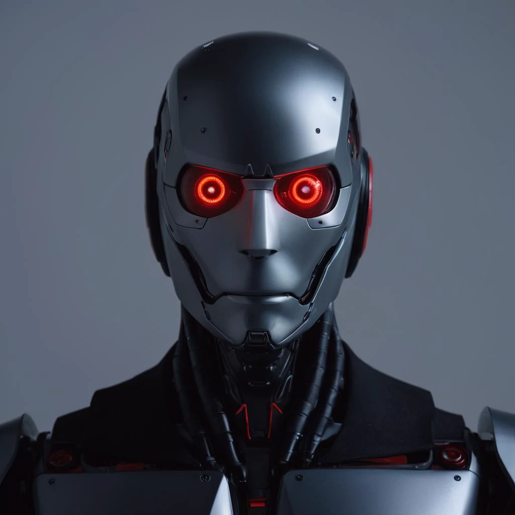 cinematic film still of <lora:Cyberpunk Style:1>
a man in a suit with a red eye,bionic,transhuman,Dystopia,Dystopian,kakotopia,Science fiction,high tech,low life,societal collapse,Artificial,Posthuman,future,futuristic,Artificial intelligence,Cyborg,genetically-enhanced humans,sci-fi,Cyberpunk Style,solo,standing,grey background,gradient,gradient background,no humans,glowing,helmet,robot,science fiction,realistic,straight-on,cyborg,humanoid robot , Cyberpunk Style, shallow depth of field, vignette, highly detailed, high budget, bokeh, cinemascope, moody, epic, gorgeous, film grain, grainy