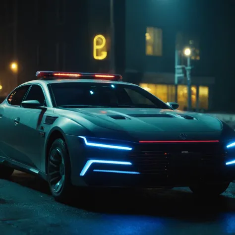 cinematic film still of <lora:Cyberpunk Style:1>
a car with a gun on the hood of it,bionic,transhuman,Dystopia,Dystopian,kakotopia,Science fiction,high tech,low life,societal collapse,Artificial,Posthuman,future,futuristic,Artificial intelligence,Cyborg,genetically-enhanced humans,sci-fi,Cyberpunk Style,outdoors,multiple boys,night,ground vehicle,building,scenery,motor vehicle,city,car,road,vehicle focus,police,street,police uniform,neon lights,sports car , Cyberpunk Style, shallow depth of field, vignette, highly detailed, high budget, bokeh, cinemascope, moody, epic, gorgeous, film grain, grainy