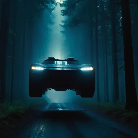 cinematic film still of  <lora:Cyberpunk Style:1>
a futuristic vehicle flying through a dark forest,bionic,transhuman,Dystopia,Dystopian,kakotopia,Science fiction,high tech,low life,societal collapse,Artificial,Posthuman,future,futuristic,Artificial intelligence,Cyborg,genetically-enhanced humans,sci-fi,Cyberpunk Style,military,no humans,flying,science fiction,rain,realistic,military vehicle,vehicle focus,spacecraft,lights,searchlight , Cyberpunk Style, shallow depth of field, vignette, highly detailed, high budget, bokeh, cinemascope, moody, epic, gorgeous, film grain, grainy
