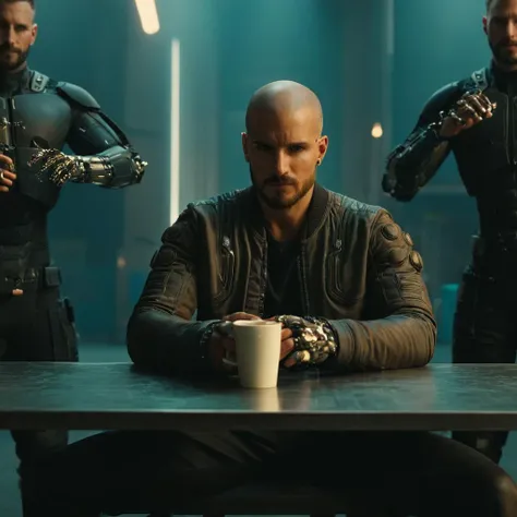 cinematic film still of <lora:Cyberpunk Style:1>
a man sitting at a table with a cup of coffee,bionic,transhuman,Dystopia,Dystopian,kakotopia,Science fiction,high tech,low life,societal collapse,Artificial,Posthuman,future,futuristic,Artificial intelligence,Cyborg,genetically-enhanced humans,sci-fi,Cyberpunk Style,1boy,jewelry,sitting,jacket,male focus,earrings,multiple boys,solo focus,2boys,necklace,cup,facial hair,scar,eyepatch,science fiction,realistic,bald,mechanical arms,cyborg,single mechanical arm,dog tags,prosthesis,prosthetic arm,cyberpunk , Cyberpunk Style, shallow depth of field, vignette, highly detailed, high budget, bokeh, cinemascope, moody, epic, gorgeous, film grain, grainy