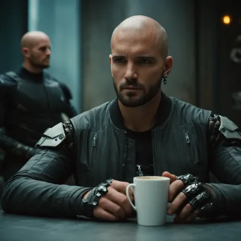 cinematic film still of <lora:Cyberpunk Style:1>
a man sitting at a table with a cup of coffee,bionic,transhuman,Dystopia,Dystopian,kakotopia,Science fiction,high tech,low life,societal collapse,Artificial,Posthuman,future,futuristic,Artificial intelligence,Cyborg,genetically-enhanced humans,sci-fi,Cyberpunk Style,1boy,jewelry,sitting,jacket,male focus,earrings,multiple boys,solo focus,2boys,necklace,cup,facial hair,scar,eyepatch,science fiction,realistic,bald,mechanical arms,cyborg,single mechanical arm,dog tags,prosthesis,prosthetic arm,cyberpunk , Cyberpunk Style, shallow depth of field, vignette, highly detailed, high budget, bokeh, cinemascope, moody, epic, gorgeous, film grain, grainy