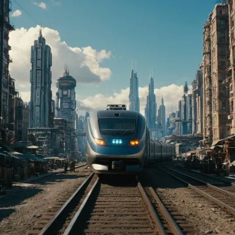 cinematic film still of <lora:Cyberpunk Style:1>
a futuristic city with a train on the tracks,bionic,transhuman,Dystopia,Dystopian,kakotopia,Science fiction,high tech,low life,societal collapse,Artificial,Posthuman,future,futuristic,Artificial intelligence,Cyborg,genetically-enhanced humans,sci-fi,Cyberpunk Style,outdoors,sky,cloud,no humans,ground vehicle,building,scenery,motor vehicle,flying,science fiction,city,aircraft,cityscape,skyscraper , Cyberpunk Style, shallow depth of field, vignette, highly detailed, high budget, bokeh, cinemascope, moody, epic, gorgeous, film grain, grainy