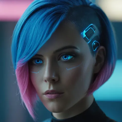 cinematic film still of <lora:Cyberpunk Style:1>
a woman with a futuristic look and a blue wig,bionic,transhuman,Dystopia,Dystopian,kakotopia,Science fiction,high tech,low life,societal collapse,Artificial,Posthuman,future,futuristic,Artificial intelligence,Cyborg,genetically-enhanced humans,sci-fi,Cyberpunk Style,1girl,solo,looking at viewer,short hair,blue hair,parted lips,pink eyes,lips,glowing,portrait,science fiction,realistic,nose,android,cyberpunk , Cyberpunk Style, shallow depth of field, vignette, highly detailed, high budget, bokeh, cinemascope, moody, epic, gorgeous, film grain, grainy