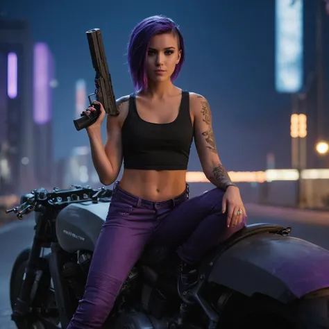 cinematic film still of <lora:Cyberpunk Style:1>
a woman sitting on a motorcycle with a gun,bionic,transhuman,Dystopia,Dystopian,kakotopia,Science fiction,high tech,low life,societal collapse,Artificial,Posthuman,future,futuristic,Artificial intelligence,Cyborg,genetically-enhanced humans,sci-fi,Cyberpunk Style,1girl,solo,looking at viewer,black hair,holding,sitting,weapon,purple hair,pants,from side,gun,tattoo,night,tank top,ground vehicle,building,instrument,motor vehicle,rifle,city,over shoulder,motorcycle,weapon over shoulder,city lights,cyberpunk,on motorcycle,widowmaker (overwatch) , Cyberpunk Style, shallow depth of field, vignette, highly detailed, high budget, bokeh, cinemascope, moody, epic, gorgeous, film grain, grainy