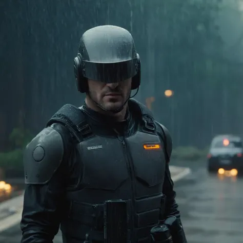 cinematic film still of <lora:Cyberpunk Style:1>
a man in a helmet and a helmet holding a gun,bionic,transhuman,Dystopia,Dystopian,kakotopia,Science fiction,high tech,low life,societal collapse,Artificial,Posthuman,future,futuristic,Artificial intelligence,Cyborg,genetically-enhanced humans,sci-fi,Cyberpunk Style,solo,1boy,jacket,weapon,male focus,gun,helmet,rifle,science fiction,rain,realistic,assault rifle,cyberpunk , Cyberpunk Style, shallow depth of field, vignette, highly detailed, high budget, bokeh, cinemascope, moody, epic, gorgeous, film grain, grainy