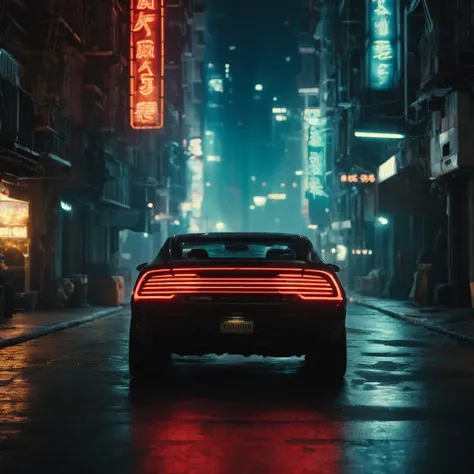 cinematic film still of  <lora:Cyberpunk Style:1>
a car is parked in a city at night,bionic,transhuman,Dystopia,Dystopian,kakotopia,Science fiction,high tech,low life,societal collapse,Artificial,Posthuman,future,futuristic,Artificial intelligence,Cyborg,genetically-enhanced humans,sci-fi,Cyberpunk Style,outdoors,no humans,ground vehicle,building,scenery,motor vehicle,city,sign,car,road,cityscape,street,cyberpunk,alley,neon lights , Cyberpunk Style, shallow depth of field, vignette, highly detailed, high budget, bokeh, cinemascope, moody, epic, gorgeous, film grain, grainy