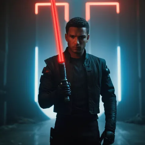 cinematic film still of <lora:Cyberpunk Style:1>
a man in a dark suit with a red light saber,bionic,transhuman,Dystopia,Dystopian,kakotopia,Science fiction,high tech,low life,societal collapse,Artificial,Posthuman,future,futuristic,Artificial intelligence,Cyborg,genetically-enhanced humans,sci-fi,Cyberpunk Style,solo,looking at viewer,1boy,holding,standing,weapon,male focus,sword,holding weapon,armor,no humans,glowing,holding sword,robot,mecha,science fiction,energy sword,lightsaber , Cyberpunk Style, shallow depth of field, vignette, highly detailed, high budget, bokeh, cinemascope, moody, epic, gorgeous, film grain, grainy