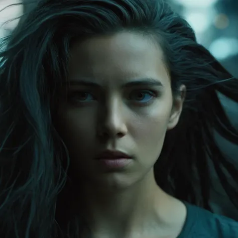 cinematic film still of <lora:Cyberpunk Style:1>
a woman with long hair blowing her hair,bionic,transhuman,Dystopia,Dystopian,kakotopia,Science fiction,high tech,low life,societal collapse,Artificial,Posthuman,future,futuristic,Artificial intelligence,Cyborg,genetically-enhanced humans,sci-fi,Cyberpunk Style,solo,looking at viewer,black hair,1boy,male focus,black eyes,facial hair,portrait,cigarette,realistic , Cyberpunk Style, shallow depth of field, vignette, highly detailed, high budget, bokeh, cinemascope, moody, epic, gorgeous, film grain, grainy