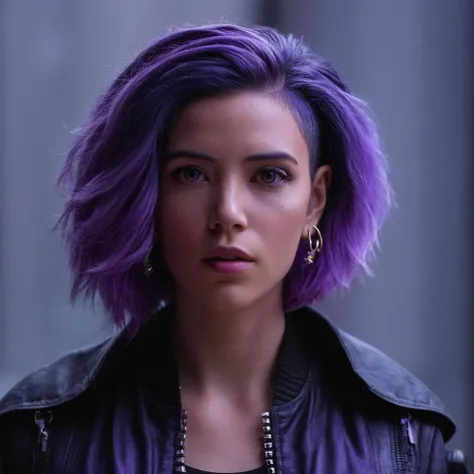 cinematic film still of  <lora:Cyberpunk Style:1>
a woman with purple hair and a black jacket,bionic,transhuman,Dystopia,Dystopian,kakotopia,Science fiction,high tech,low life,societal collapse,Artificial,Posthuman,future,futuristic,Artificial intelligence,Cyborg,genetically-enhanced humans,sci-fi,Cyberpunk Style,1girl,solo,long hair,looking at viewer,jewelry,jacket,upper body,purple hair,multicolored hair,earrings,open clothes,dark skin,open jacket,lips,realistic,nose,cyborg,cyberpunk , Cyberpunk Style, shallow depth of field, vignette, highly detailed, high budget, bokeh, cinemascope, moody, epic, gorgeous, film grain, grainy