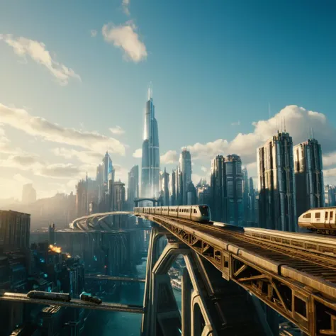 cinematic film still of <lora:Cyberpunk Style:1>
a futuristic city with a bridge and a train,bionic,transhuman,Dystopia,Dystopian,kakotopia,Science fiction,high tech,low life,societal collapse,Artificial,Posthuman,future,futuristic,Artificial intelligence,Cyborg,genetically-enhanced humans,sci-fi,Cyberpunk Style,outdoors,sky,cloud,no humans,sunlight,building,scenery,science fiction,city,cityscape,skyscraper , Cyberpunk Style, shallow depth of field, vignette, highly detailed, high budget, bokeh, cinemascope, moody, epic, gorgeous, film grain, grainy