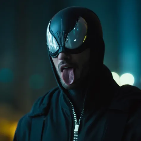 cinematic film still of <lora:Cyberpunk Style:1>
a venom man in a costume with a glowing mask,bionic,transhuman,Dystopia,Dystopian,kakotopia,Science fiction,high tech,low life,societal collapse,Artificial,Posthuman,future,futuristic,Artificial intelligence,Cyborg,genetically-enhanced humans,sci-fi,Cyberpunk Style,solo,1boy,jacket,male focus,teeth,tongue,belt,hood,tongue out,blurry,hoodie,blurry background,sharp teeth,hooded jacket,claws,long tongue,alien , Cyberpunk Style, shallow depth of field, vignette, highly detailed, high budget, bokeh, cinemascope, moody, epic, gorgeous, film grain, grainy