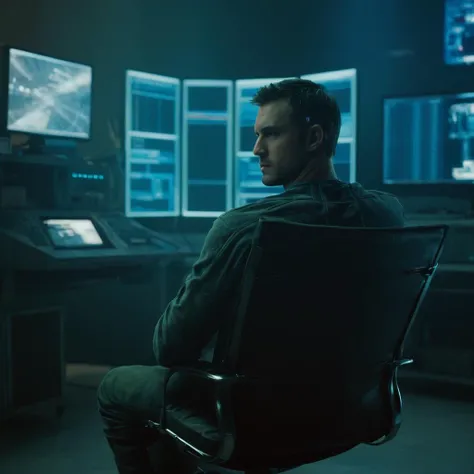 cinematic film still of <lora:Cyberpunk Style:1>
a man sitting in a chair in a room with a computer,bionic,transhuman,Dystopia,Dystopian,kakotopia,Science fiction,high tech,low life,societal collapse,Artificial,Posthuman,future,futuristic,Artificial intelligence,Cyborg,genetically-enhanced humans,sci-fi,Cyberpunk Style,sitting,indoors,cable,computer,television,monitor , Cyberpunk Style, shallow depth of field, vignette, highly detailed, high budget, bokeh, cinemascope, moody, epic, gorgeous, film grain, grainy
