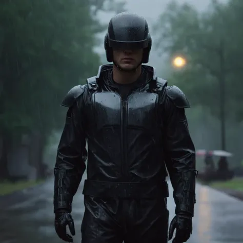 cinematic film still of <lora:Cyberpunk Style:1>
a man in a black dark helmet and a raincoat in the rain,bionic,transhuman,Dystopia,Dystopian,kakotopia,Science fiction,high tech,low life,societal collapse,Artificial,Posthuman,future,futuristic,Artificial intelligence,Cyborg,genetically-enhanced humans,sci-fi,Cyberpunk Style,solo,1boy,male focus,outdoors,signature,blurry,no humans,blurry background,helmet,robot,science fiction,rain,realistic,power armor,cyberpunk , Cyberpunk Style, shallow depth of field, vignette, highly detailed, high budget, bokeh, cinemascope, moody, epic, gorgeous, film grain, grainy