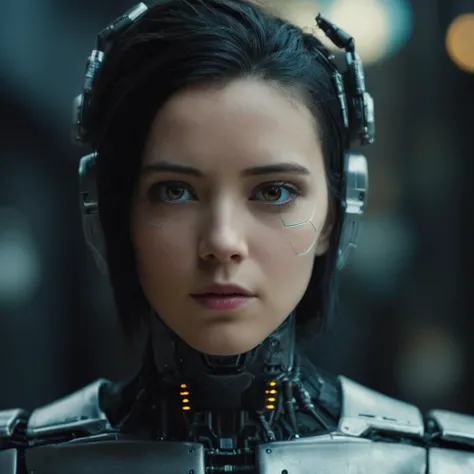 cinematic film still of <lora:Cyberpunk Style:1>
a woman with a face painted like a robot,bionic,transhuman,Dystopia,Dystopian,kakotopia,Science fiction,high tech,low life,societal collapse,Artificial,Posthuman,future,futuristic,Artificial intelligence,Cyborg,genetically-enhanced humans,sci-fi,Cyberpunk Style,1girl,solo,looking at viewer,black hair,hair ornament,upper body,blurry,lips,science fiction,realistic,nose,android,robot joints,cyberpunk,mechanical parts , Cyberpunk Style, shallow depth of field, vignette, highly detailed, high budget, bokeh, cinemascope, moody, epic, gorgeous, film grain, grainy
