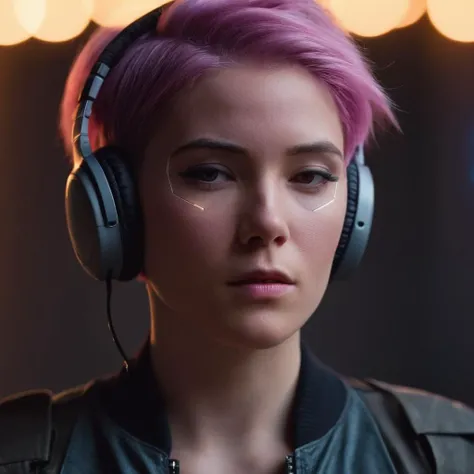 cinematic film still of  <lora:Cyberpunk Style:1>
a woman with pink hair and headphones on,bionic,transhuman,Dystopia,Dystopian,kakotopia,Science fiction,high tech,low life,societal collapse,Artificial,Posthuman,future,futuristic,Artificial intelligence,Cyborg,genetically-enhanced humans,sci-fi,Cyberpunk Style,1girl,solo,short hair,black hair,jewelry,jacket,closed eyes,heart,necklace,blurry,lips,blurry background,glowing,portrait,facing viewer,realistic,android,cyberpunk , Cyberpunk Style, shallow depth of field, vignette, highly detailed, high budget, bokeh, cinemascope, moody, epic, gorgeous, film grain, grainy