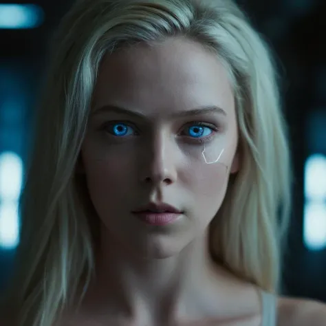 cinematic film still of <lora:Cyberpunk Style:1>
a woman with a futuristic face and a knife,bionic,transhuman,Dystopia,Dystopian,kakotopia,Science fiction,high tech,low life,societal collapse,Artificial,Posthuman,future,futuristic,Artificial intelligence,Cyborg,genetically-enhanced humans,sci-fi,Cyberpunk Style,1girl,solo,long hair,looking at viewer,blue eyes,blonde hair,nude,blurry,lips,blurry background,portrait,science fiction,realistic,android,cyborg,damaged,cyberpunk,mechanical parts , Cyberpunk Style, shallow depth of field, vignette, highly detailed, high budget, bokeh, cinemascope, moody, epic, gorgeous, film grain, grainy