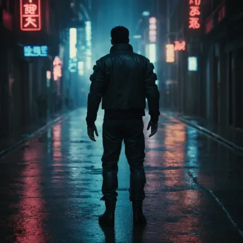 cinematic film still of <lora:Cyberpunk Style:1>
a person standing on a wet street at night,bionic,transhuman,Dystopia,Dystopian,kakotopia,Science fiction,high tech,low life,societal collapse,Artificial,Posthuman,future,futuristic,Artificial intelligence,Cyborg,genetically-enhanced humans,sci-fi,Cyberpunk Style,outdoors,water,no humans,night,building,scenery,reflection,science fiction,city,dark,neon lights , Cyberpunk Style, shallow depth of field, vignette, highly detailed, high budget, bokeh, cinemascope, moody, epic, gorgeous, film grain, grainy