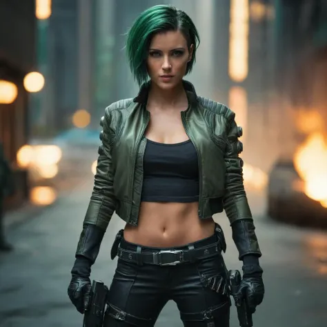 cinematic film still of <lora:Cyberpunk Style:1>
a woman with a gun and a jacket,bionic,transhuman,Dystopia,Dystopian,kakotopia,Science fiction,high tech,low life,societal collapse,Artificial,Posthuman,future,futuristic,Artificial intelligence,Cyborg,genetically-enhanced humans,sci-fi,Cyberpunk Style,1girl,solo,breasts,short hair,gloves,navel,cleavage,medium breasts,underwear,green eyes,standing,jacket,full body,weapon,boots,green hair,midriff,belt,pants,fingerless gloves,bra,lips,see-through,gun,handgun,holster , Cyberpunk Style, shallow depth of field, vignette, highly detailed, high budget, bokeh, cinemascope, moody, epic, gorgeous, film grain, grainy