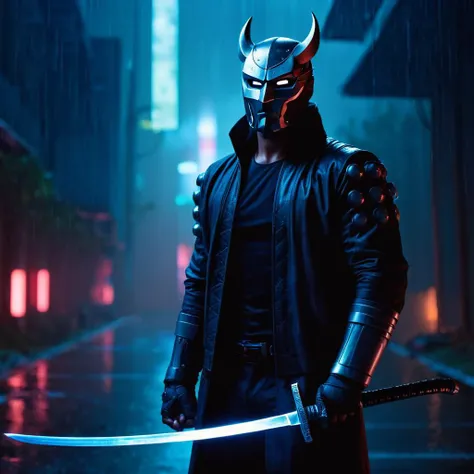 cinematic film still of  <lora:Cyberpunk Style:1>
a man in a mask with a sword and a demon mask,bionic,transhuman,Dystopia,Dystopian,kakotopia,Science fiction,high tech,low life,societal collapse,Artificial,Posthuman,future,futuristic,Artificial intelligence,Cyborg,genetically-enhanced humans,sci-fi,Cyberpunk Style,solo,upper body,weapon,sword,blurry,no humans,blurry background,glowing,katana,robot,mecha,science fiction,rain,realistic,lights,cyberpunk,neon lights , Cyberpunk Style, shallow depth of field, vignette, highly detailed, high budget, bokeh, cinemascope, moody, epic, gorgeous, film grain, grainy