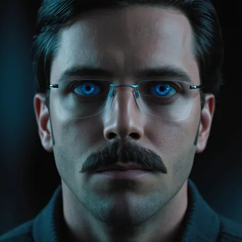cinematic film still of <lora:Cyberpunk Style:1>
a man with a fake face and a fake mustache,bionic,transhuman,Dystopia,Dystopian,kakotopia,Science fiction,high tech,low life,societal collapse,Artificial,Posthuman,future,futuristic,Artificial intelligence,Cyborg,genetically-enhanced humans,sci-fi,Cyberpunk Style,solo,looking at viewer,blue eyes,simple background,black hair,1boy,closed mouth,male focus,glasses,facial hair,scar,black background,portrait,beard,science fiction,realistic,mustache,android,cyborg,cyberpunk,mechanical parts , Cyberpunk Style, shallow depth of field, vignette, highly detailed, high budget, bokeh, cinemascope, moody, epic, gorgeous, film grain, grainy