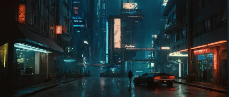 cinematic film still of  <lora:perfection style:0.3>
 <lora:detailed:0.1>
 <lora:Chiaroscuro Lighting Style:0.3>
 <lora:cyberpunk style v2:0.9>
 <lora:Cyberpunk Style:0.1>
In Cyberpunk city a city street with neon signs and a car,bionic,transhuman,Dystopia,Dystopian,kakotopia,Science fiction,high tech,low life,societal collapse,Artificial,Posthuman,future,futuristic,Artificial intelligence,Cyborg,genetically-enhanced humans,sci-fi,Cyberpunk Style,outdoors,no humans,night,building,scenery,rain,city,sign,road,cityscape,lamppost,street,city lights,neon lights,Cyberpunk Style , science fiction, futuristic setting, detailed background, dramatic light, dramatic shadow light, contrast, cinematic color, cinematic look, filmic, realistic, realism, perfection, perfect, different, cinematic, film, cinematography, artstation, Cyberpunk city style, Cyberpunk style, shallow depth of field, vignette, highly detailed, high budget, bokeh, cinemascope, moody, epic, gorgeous, film grain, grainy