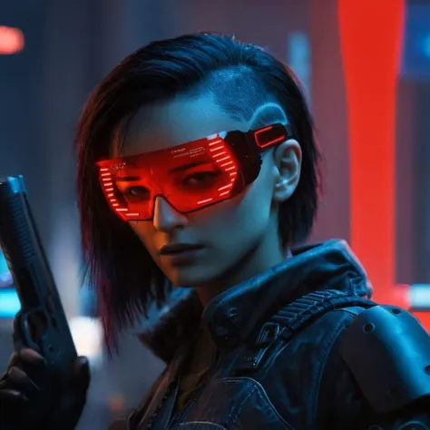 cinematic film still of  <lora:perfection style:0.3>
 <lora:detailed:0.1>
 <lora:Chiaroscuro Lighting Style:0.3>
 <lora:cyberpunk style v2:0.9>
 <lora:Cyberpunk Style:0.1>
In Cyberpunk city a woman with a gun and an engraved cyberware glowing red light mask on,bionic,transhuman,Dystopia,Dystopian,kakotopia,Science fiction,high tech,low life,societal collapse,Artificial,Posthuman,future,futuristic,Artificial intelligence,Cyborg,genetically-enhanced humans,sci-fi,Cyberpunk Style,1girl,solo,black hair,holding,weapon,holding weapon,blurry,gun,blurry background,glowing,holding gun,rifle,science fiction,realistic,assault rifle,cyborg,cyberpunk,Cyberpunk Style , science fiction, futuristic setting, detailed background, dramatic light, dramatic shadow light, contrast, cinematic color, cinematic look, filmic, realistic, realism, perfection, perfect, different, cinematic, film, cinematography, artstation, Cyberpunk city style, Cyberpunk style, shallow depth of field, vignette, highly detailed, high budget, bokeh, cinemascope, moody, epic, gorgeous, film grain, grainy