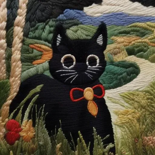 masterpiece, best quality, <lora:kEmbroideryRev:1> , <lora:Scaracat:1>, Embroidery of a black cat, Scaracat