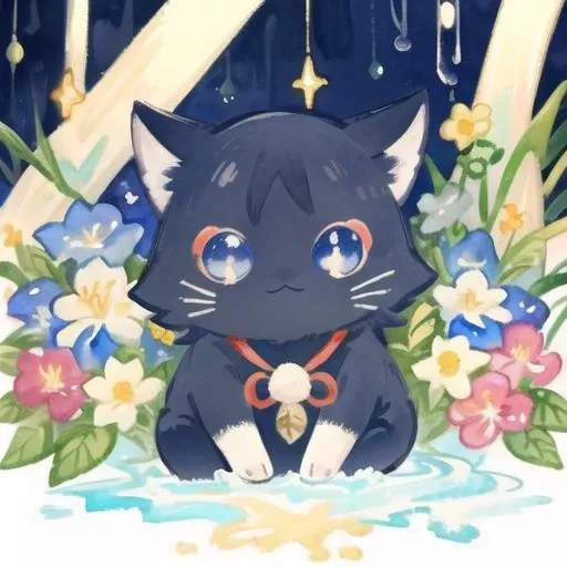 masterpiece, best quality, stylish, (watery watercolor:1.1), <lora:Scaracat:0.8>, kawaii, animal focus, solo, Scaracat, cat, sitting cat, smile, sweet face, small cat, shiny eyes, multicolored background, glitter, colorful lights, flowers