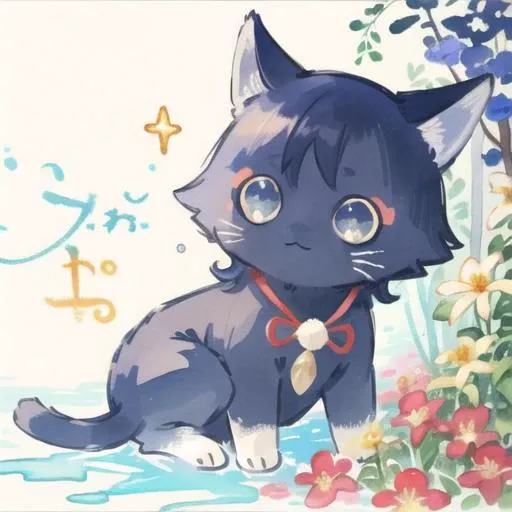 masterpiece, best quality, stylish, (watery watercolor:1.1), <lora:Scaracat:0.8>, kawaii, animal focus, solo, Scaracat, cat, sitting cat, smile, sweet face, small cat, shiny eyes, multicolored background, glitter, colorful lights, flowers