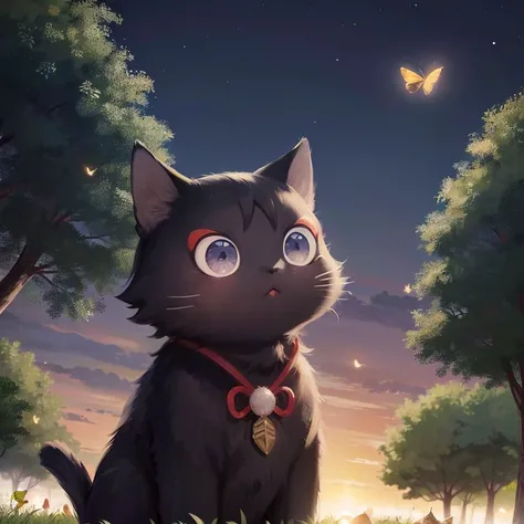 masterpiece, best quality, <lora:Scaracat:0.7>, solo, sky, cloud, tree, no humans, night, animal, cat, bug, butterfly, black cat, animal focus