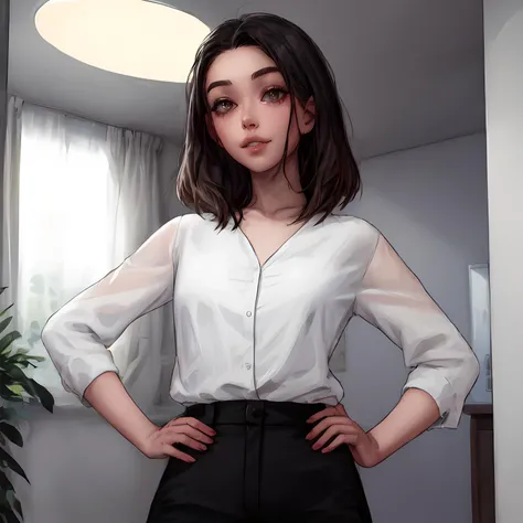 (masterpiece:1.2, best quality:1.2, high resolution) , <lora:add_detail:0.7> <lora:SashaKhmel-10:0.7> <lora:Harmony_Wonder:0.85> (harmony wonder), solo, fashion clothes, blouse, medium hair, indoor,