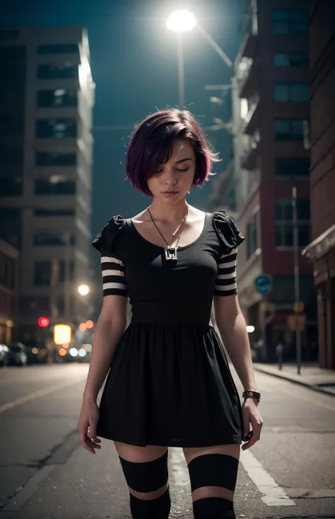 highres, masterpiece, perfect lighting, bloom, night, dark, cinematic lighting, adult, female, looking at viewer, cowboy shot, (RSEEmma, gaz:1.5), <lora:RSERomantic_RSESofiko_RSEEmma-v1:0.3>, short purple hair, closed eyes, sharp hair, pointy hair, sharp bangs, spiky hair, gagoth, black dress, skull necklace, striped thighhighs, striped sleeves, <lora:Gaz:0.8>