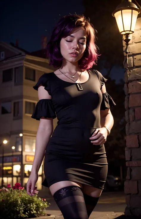 highres, masterpiece, perfect lighting, bloom, night, dark, cinematic lighting, adult, female, looking at viewer, cowboy shot, (RSEEmma, gaz:1.2), <lora:RSERomantic_RSESofiko_RSEEmma-v1:0.3>, short purple hair, closed eyes, sharp hair, pointy hair, sharp bangs, spiky hair, gagoth, black dress, skull necklace, striped thighhighs, striped sleeves, <lora:Gaz:0.8>