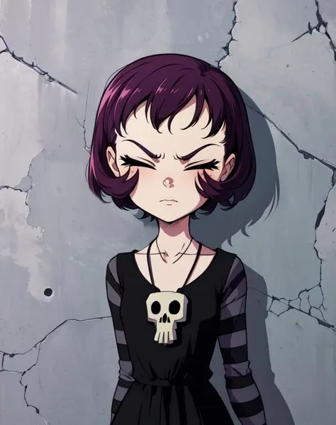 Gaz, short pin hair, standing, sharp hair, pointy hair, closed eyes, 
 black dress, skull necklace, striped thighhighs,striped sleeves, wall, 
(insanely detailed, beautiful detailed face, masterpiece, best quality) 
standing,  upper body,
 <lora:Gaz-10v6:0.9>