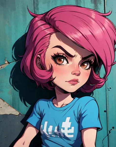 Gaz, short pink hair, blue shirt, white logo on chest, short skirt, short sleeves, serious, 
wall,  schoolyard,  brown eyes, 
(insanely detailed, beautiful detailed face, masterpiece, best quality) 
standing,  upper body,
 <lora:Gaz-10v6:0.9>