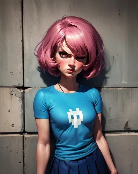 Gaz, short pink hair, blue shirt with a white logo, short skirt, short sleeves,
wall, schoolyard, brown eye,
standing, one eye closed, angry,
(insanely detailed, beautiful detailed face, masterpiece, best quality)
standing, upper body,
<lora:Gaz-10v6:0.9>