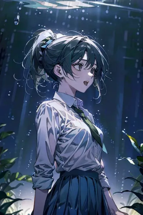 (masterpiece, best quality), 1girl, open mouth, ponytail, white shirt, green clothes, pleated skirt, looking up, forest, dark clouds, raining, phblue, scenery, blue theme, light from above, beam of light, natural lighting, underwater, spotlight, suujiniku,