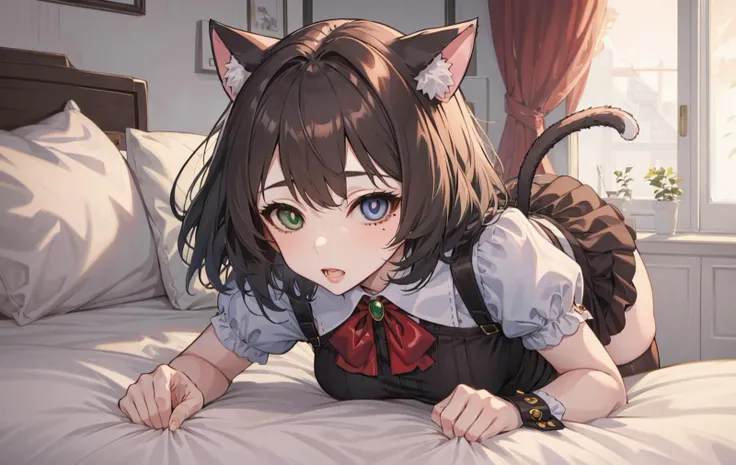 masterpiece, best quality, highres,
(illustration:1.4), (beautiful detailed eyes),
1girl,solo,
BREAK <lyco:高垣楓takagaki kaede_Loha:0.7>,(takagaki kaede,1girl, solo, short hair, heterochromia, blue eyes, green eyes, brown hair, mole under eye,)
(takagaki kaede, 1girl, animal ears, tail, solo, heterochromia, blue eyes, thighhighs, cat ears, cat tail, green eyes, dress, short hair, black dress, tail ornament, short sleeves, black thighhighs, paw pose, bangs, kemonomimi mode, blush, ascot, puffy sleeves, cat girl, breasts, bow, zettai ryouiki, frills, puffy short sleeves, tail bow, animal ear fluff, wrist cuffs, brown hair, red bow,)
BREAK <lyco:すうじにくsuujinikuv5:1.0>,suujiniku,
mastrubation, orgasm,
breast focus,
looking at viewer,
bed,indoors,
BREAK all fours,
<lyco:手GoodHands-beta2:1.0>