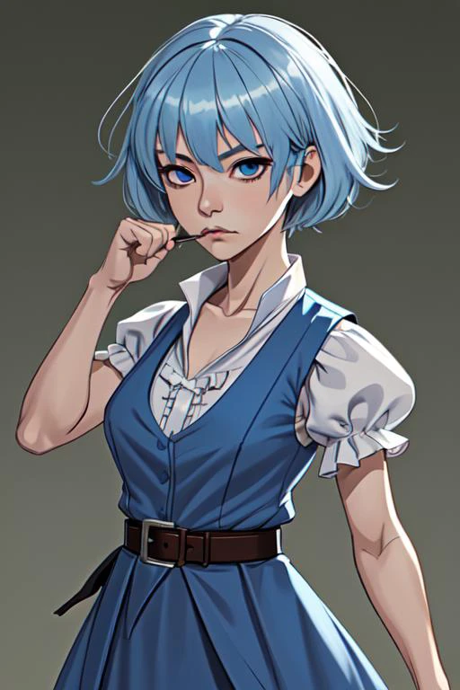 masterpiece, suujiniku, kaku seiga, closed mouth, belt, blue hair, white vest, hair stick, shawl, blue eyes, open clothes, bangs, flower, collarbone, hair ornament, upper body, open vest, blue dress, frills, puffy short sleeves, short hair, hagoromo, hair rings, puffy sleeves, hair between eyes, drill hair, punching, fighting stance, cowboy shot, military base,
<lora:suujinikuv5:1>