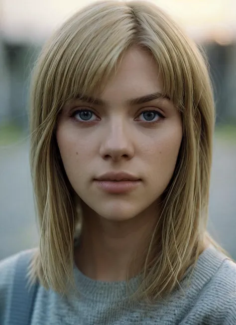 portrait of Lost, neutral , wearing sweater , with ash blonde Shag haircut , background sunset epic (photo, studio lighting, hard light, sony a7, 50 mm, matte skin, pores, colors, hyperdetailed, hyperrealistic), <lora:Lost:0.7>